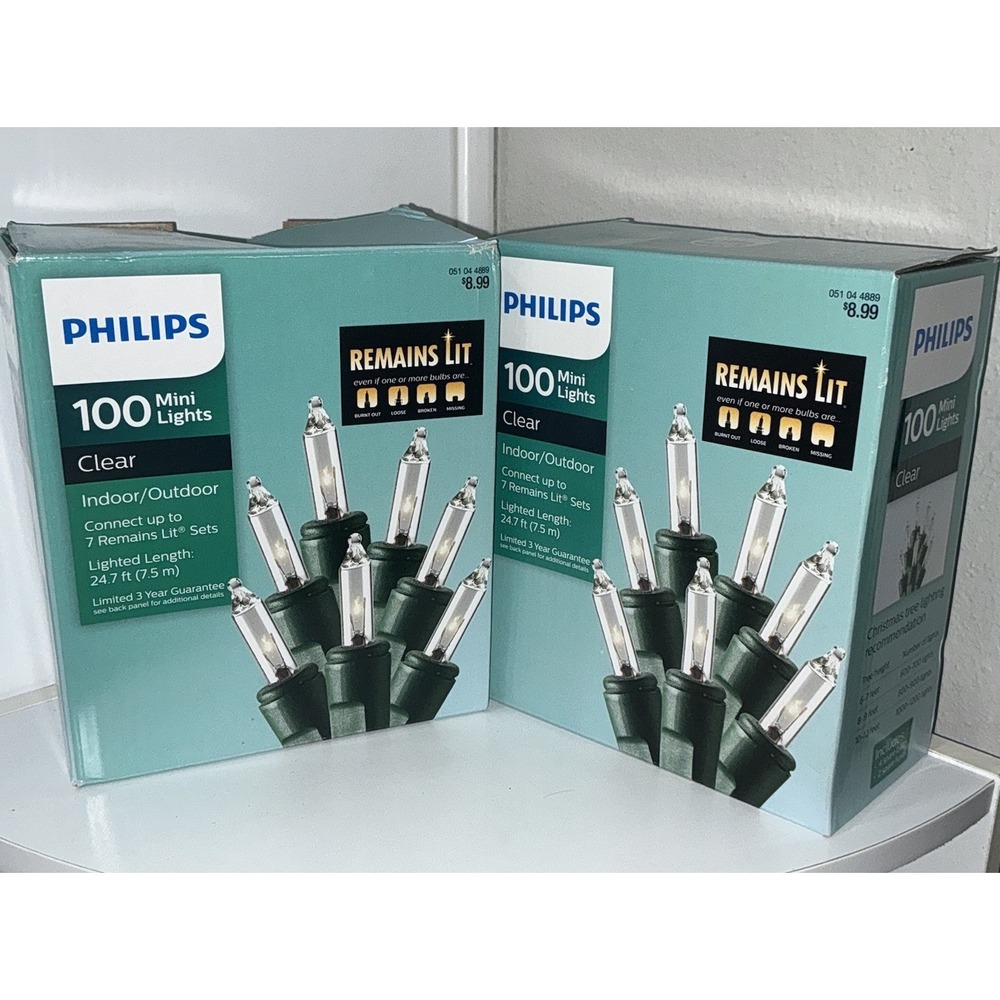 2x Philips 100 Clear Mini Lights with Green Wire Christmas Remains Lit NEW (200)